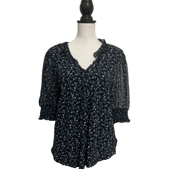 Lucky Brand Women’s Blue Floral Puff/Sheer Sleeve Blouse. Large - Picture 1 of 7